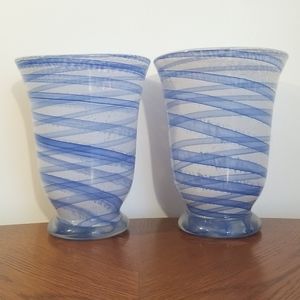 Set of Mexican blown glass vases. 8" tall. Blue & white.